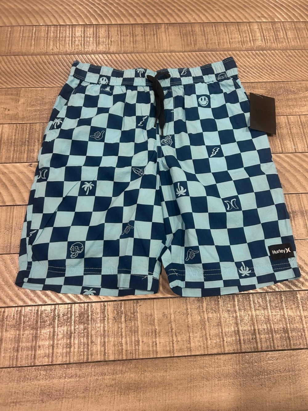 Hurley Blue and Light Blue Checkerboard Kids Swim Trunks